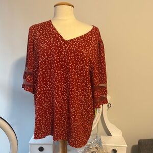 Women's Red Blouse with Sheer Sleeves